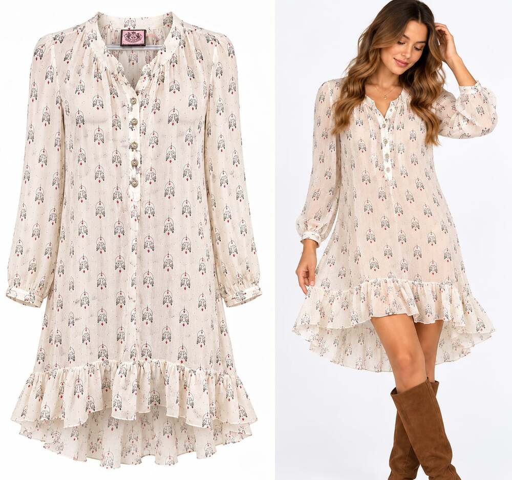 Y2K Juicy Couture Angel Lovebirds Silk Dress Size 8 White Print Tunic